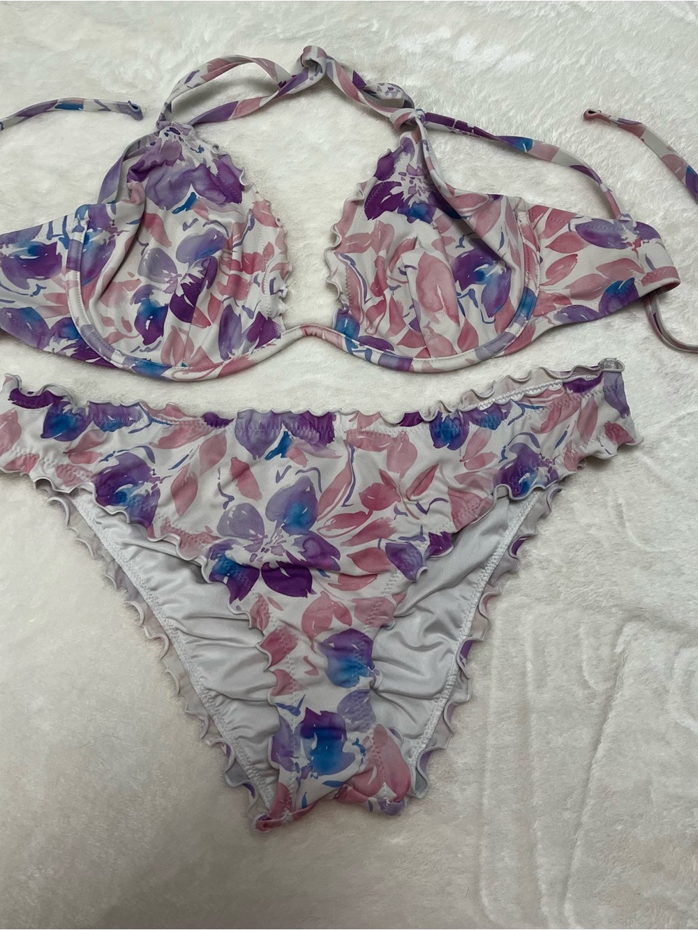 Shade & Shore Floral Ruffle Bikini Set in Purple and Pink